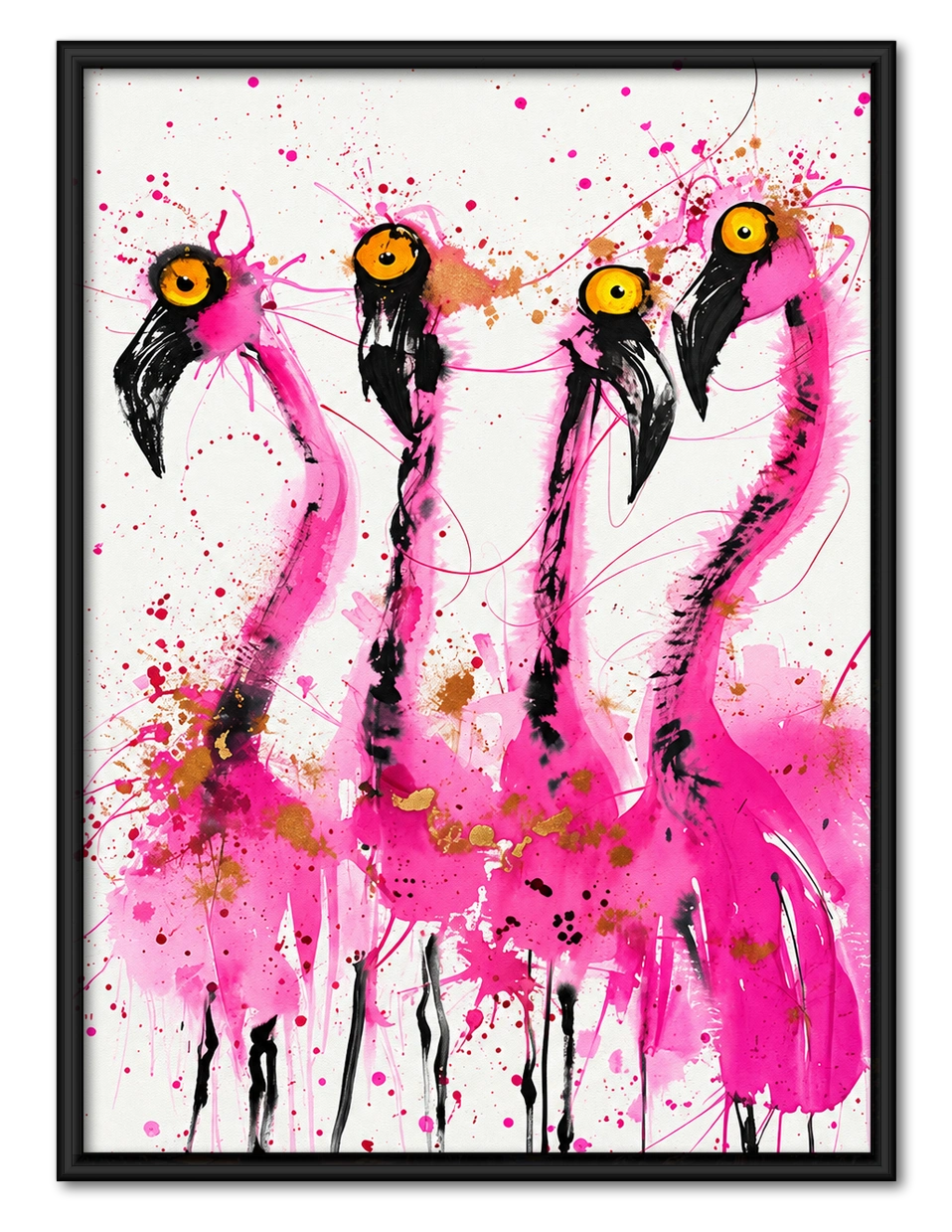 Four Wild Flamingos Wall Art – Expressive Ink Splatter Canvas Print on Natural