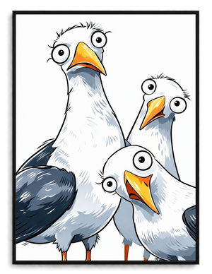 Funny Cartoon Seagull Trio Framed Canvas Art