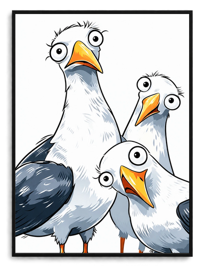 Funny Cartoon Seagull Trio Framed Canvas Art