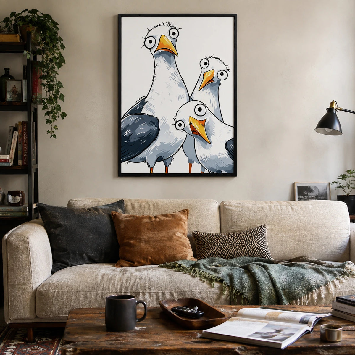 Funny Cartoon Seagull Trio Framed Canvas Art