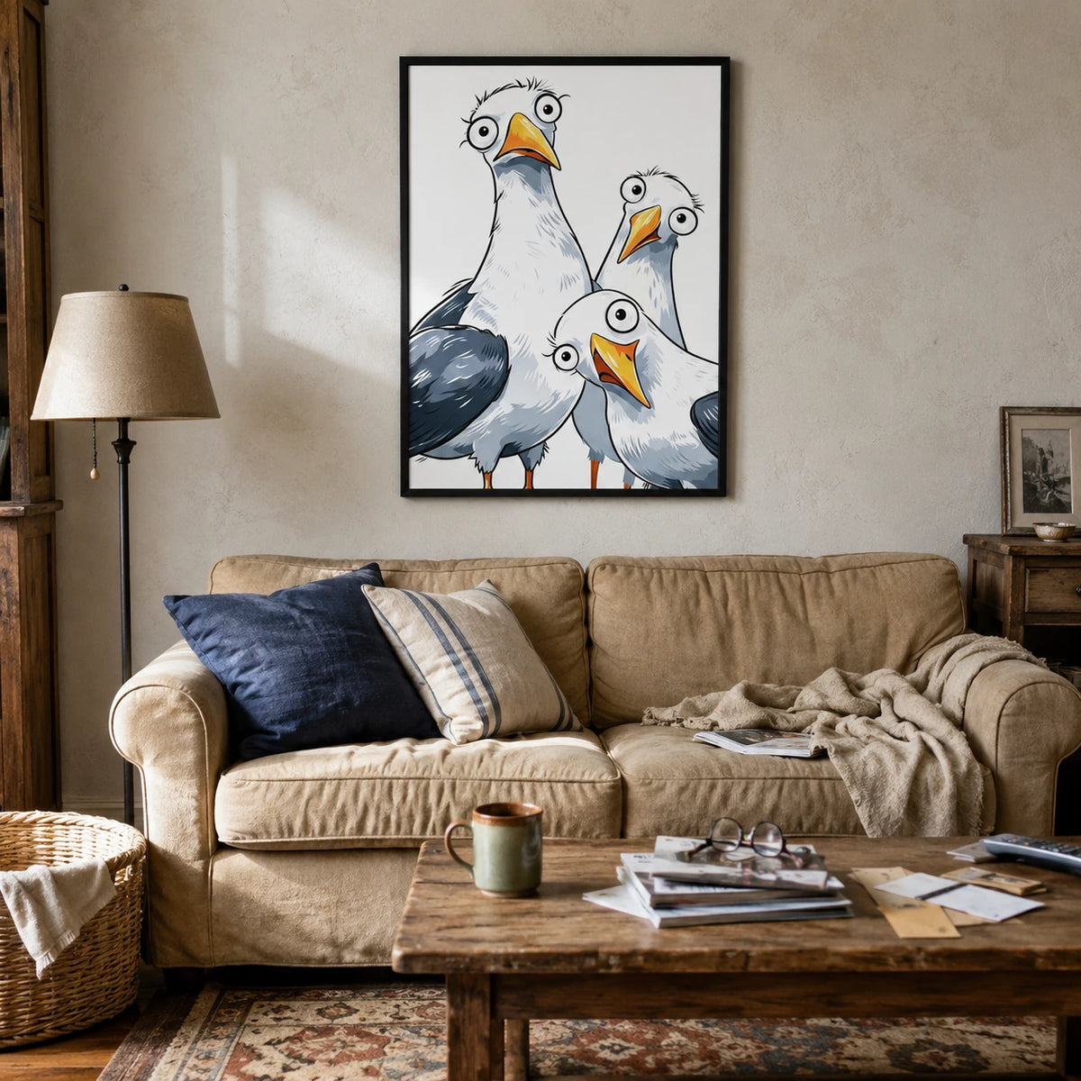 Funny Cartoon Seagull Trio Framed Canvas Art