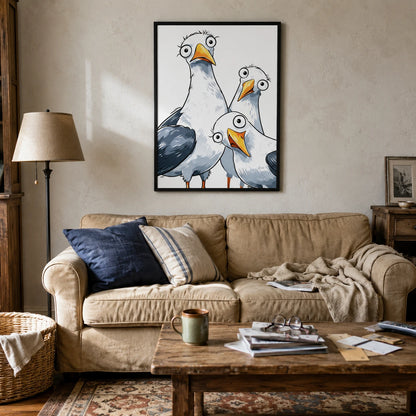 Funny Cartoon Seagull Trio Framed Canvas Art