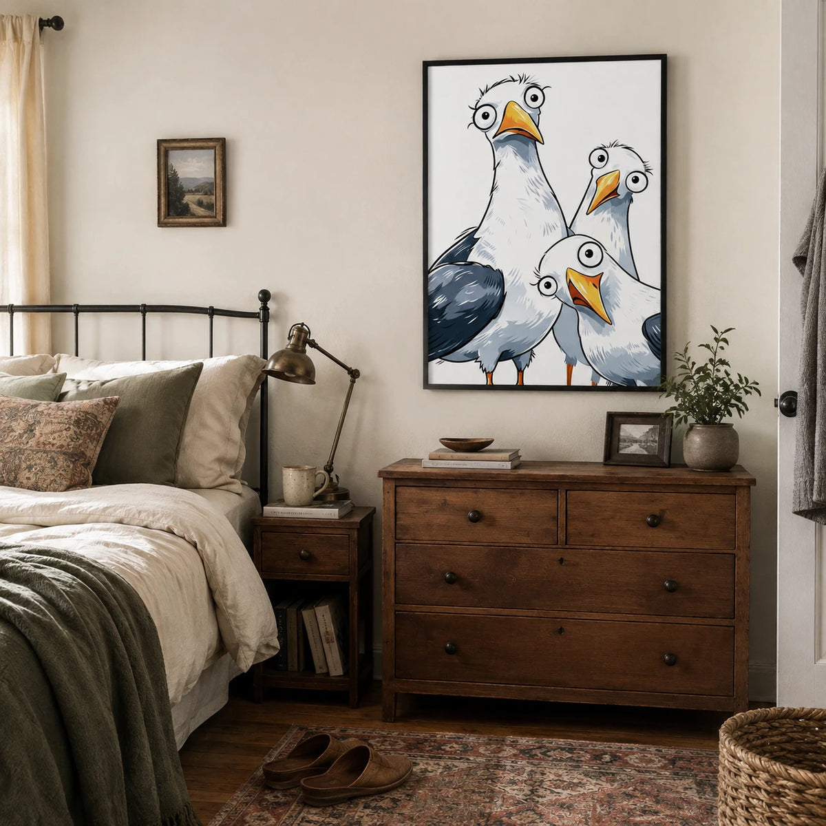 Funny Cartoon Seagull Trio Framed Canvas Art