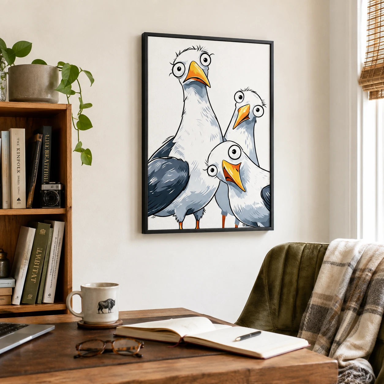 Funny Cartoon Seagull Trio Framed Canvas Art