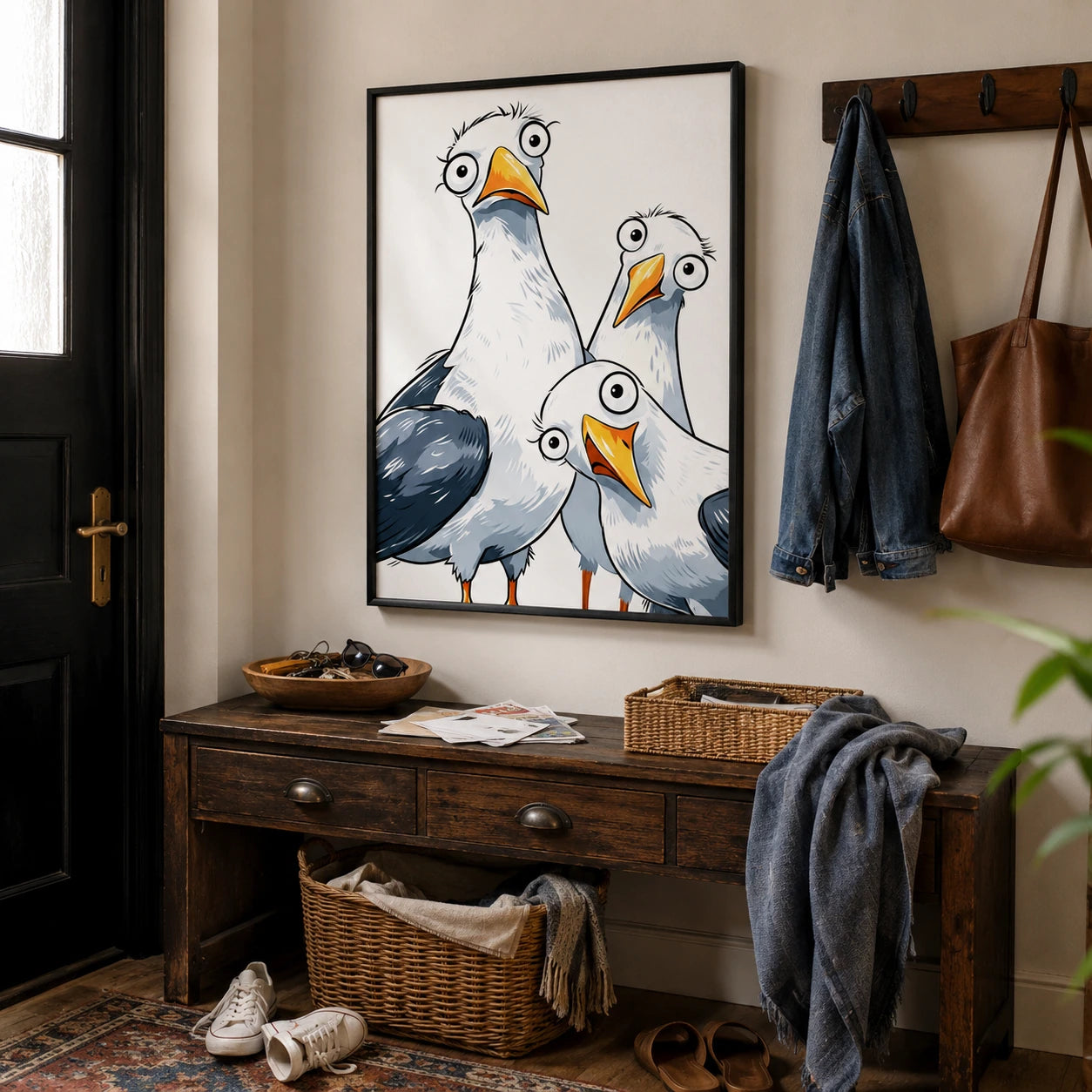 Funny Cartoon Seagull Trio Framed Canvas Art