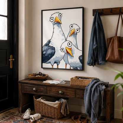 Funny Cartoon Seagull Trio Framed Canvas Art