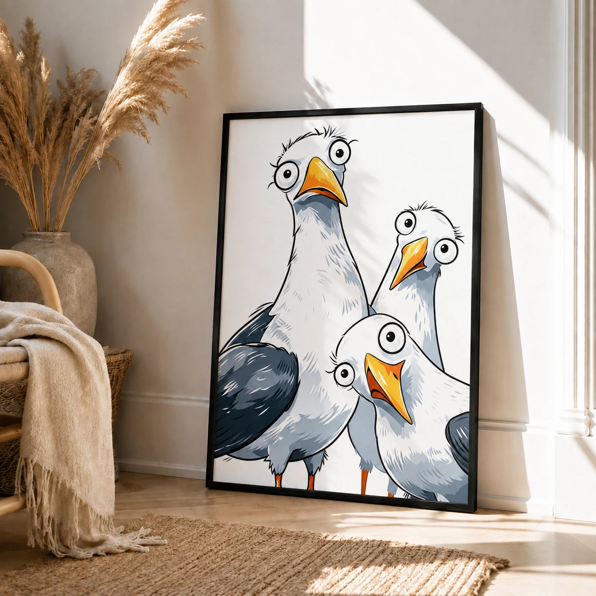 Funny Cartoon Seagull Trio Framed Canvas Art