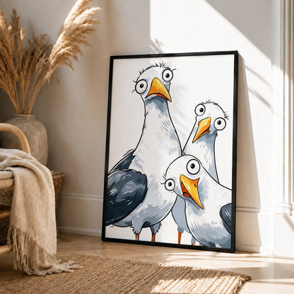 Funny Cartoon Seagull Trio Framed Canvas Art