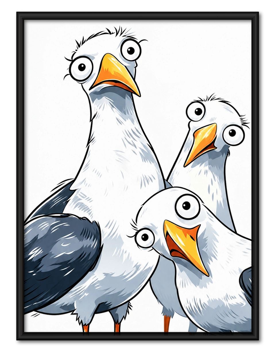 Funny Cartoon Seagull Trio Framed Canvas Art