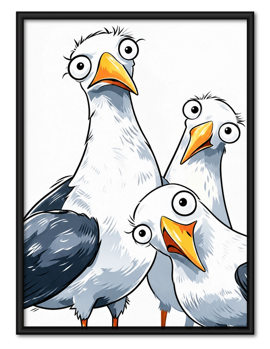Funny Cartoon Seagull Trio Framed Canvas Art