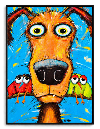 Goofy Dog with Parrots Impasto Canvas Wall Art