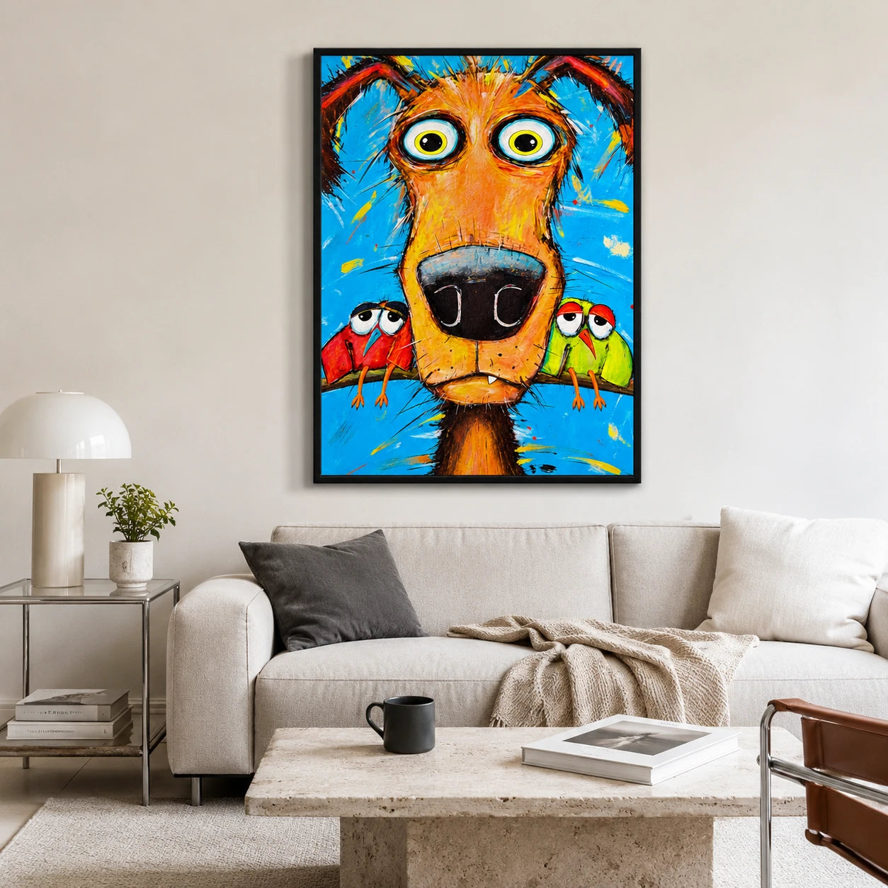 Goofy Dog with Parrots Impasto Canvas Wall Art