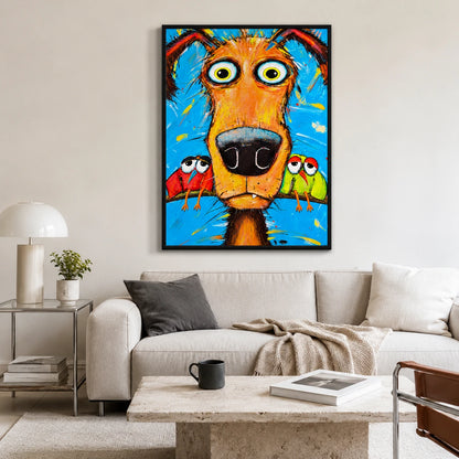 Goofy Dog with Parrots Impasto Canvas Wall Art