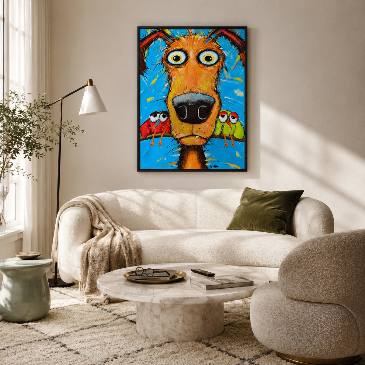 Goofy Dog with Parrots Impasto Canvas Wall Art