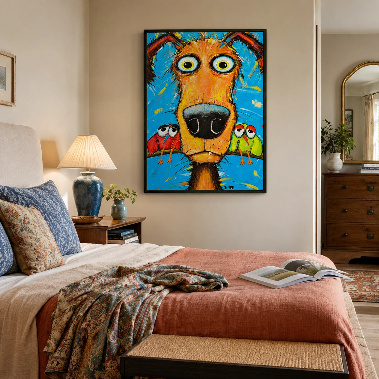 Goofy Dog with Parrots Impasto Canvas Wall Art