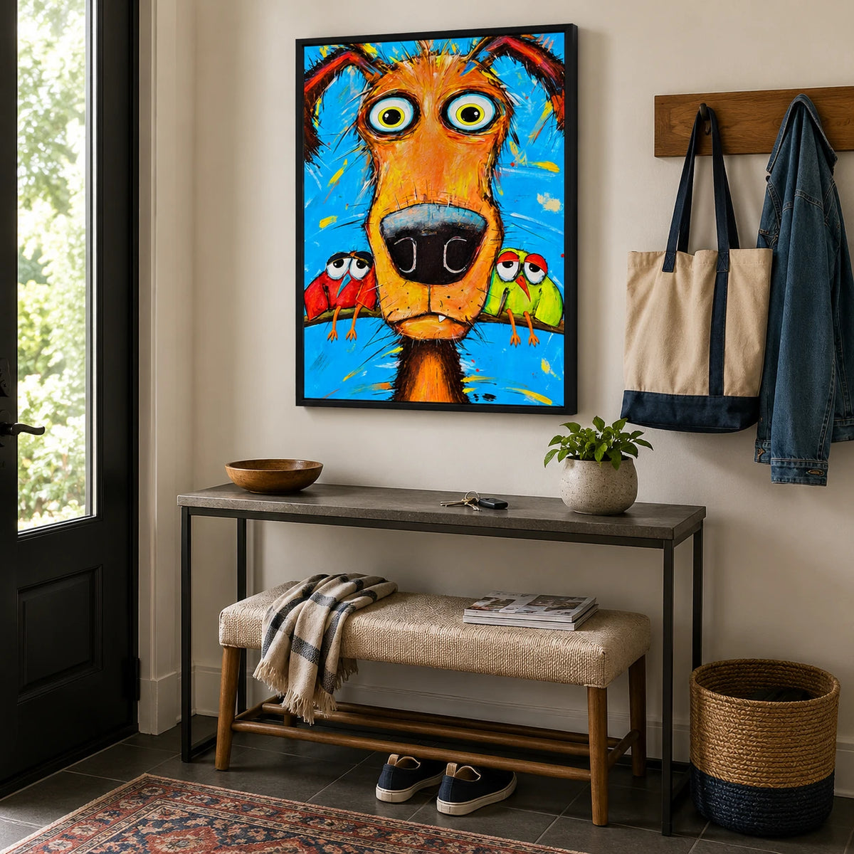 Goofy Dog with Parrots Impasto Canvas Wall Art