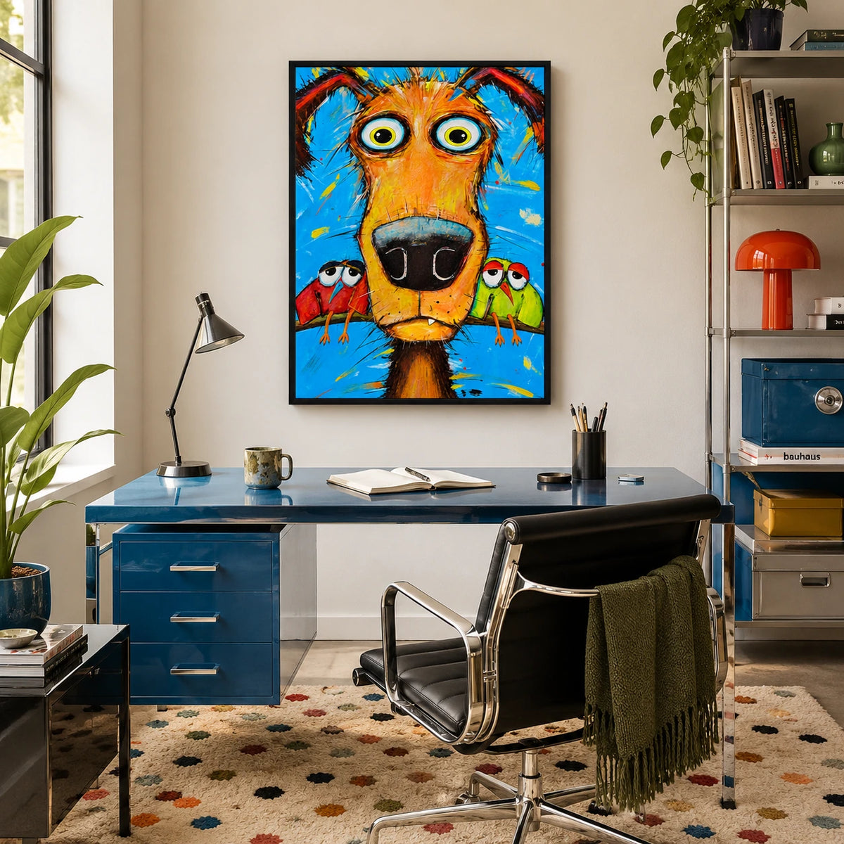 Goofy Dog with Parrots Impasto Canvas Wall Art