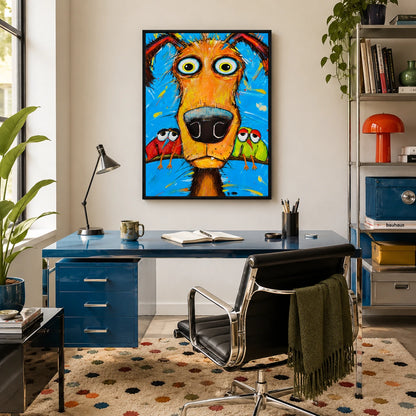 Goofy Dog with Parrots Impasto Canvas Wall Art