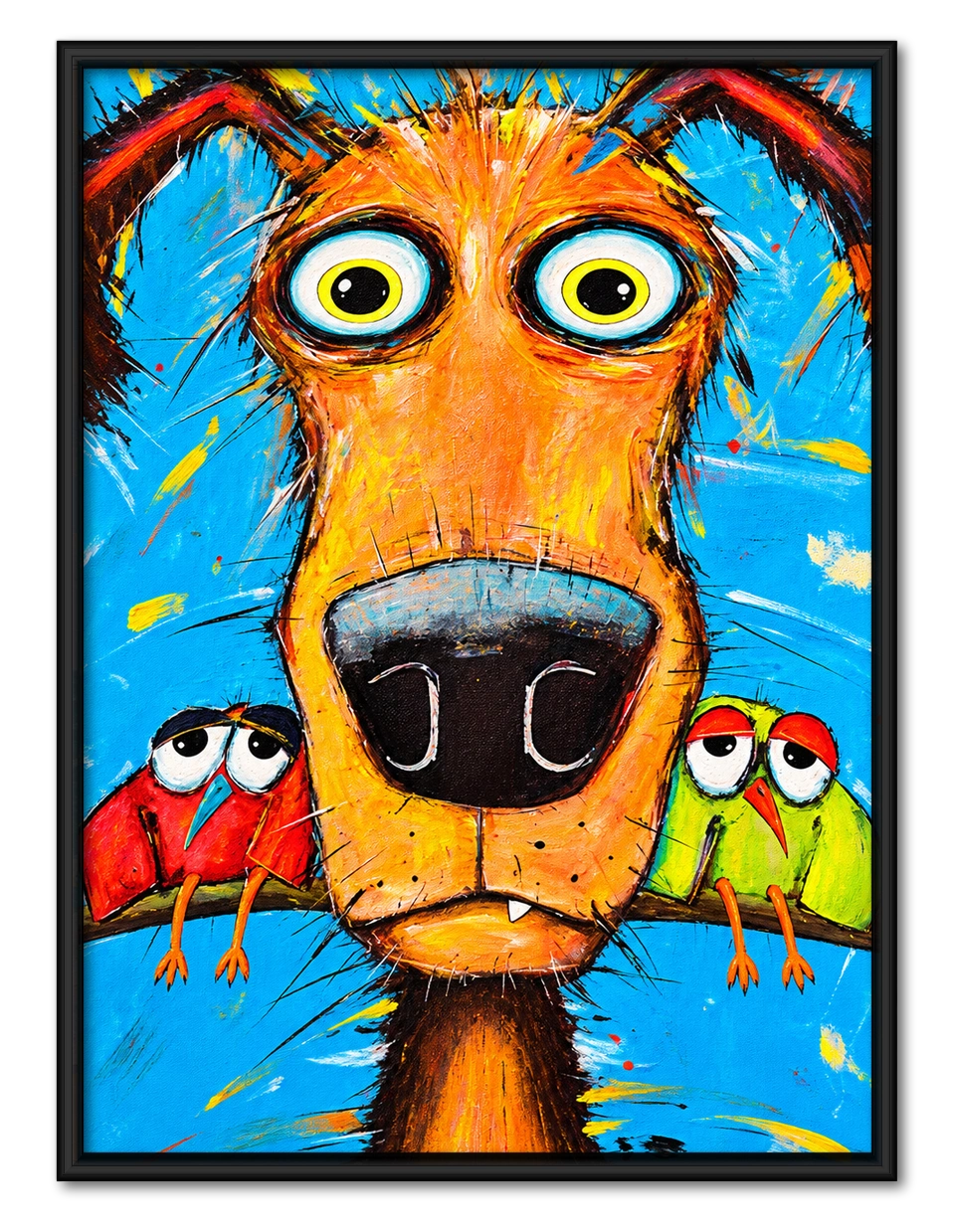 Goofy Dog with Parrots Impasto Canvas Wall Art