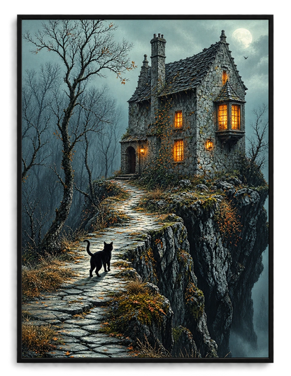 Gothic Black Cat Haunted House Dark Fantasy Canvas