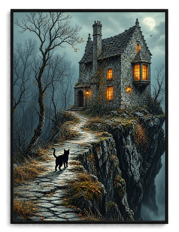Gothic Black Cat Haunted House Dark Fantasy Canvas