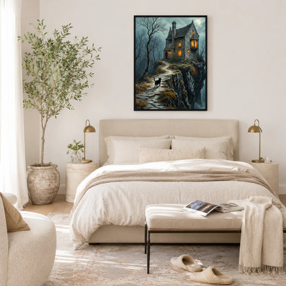 Gothic Black Cat Haunted House Dark Fantasy Canvas