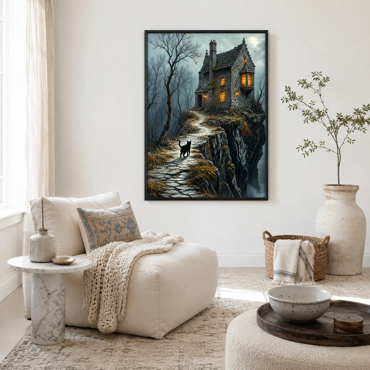 Gothic Black Cat Haunted House Dark Fantasy Canvas