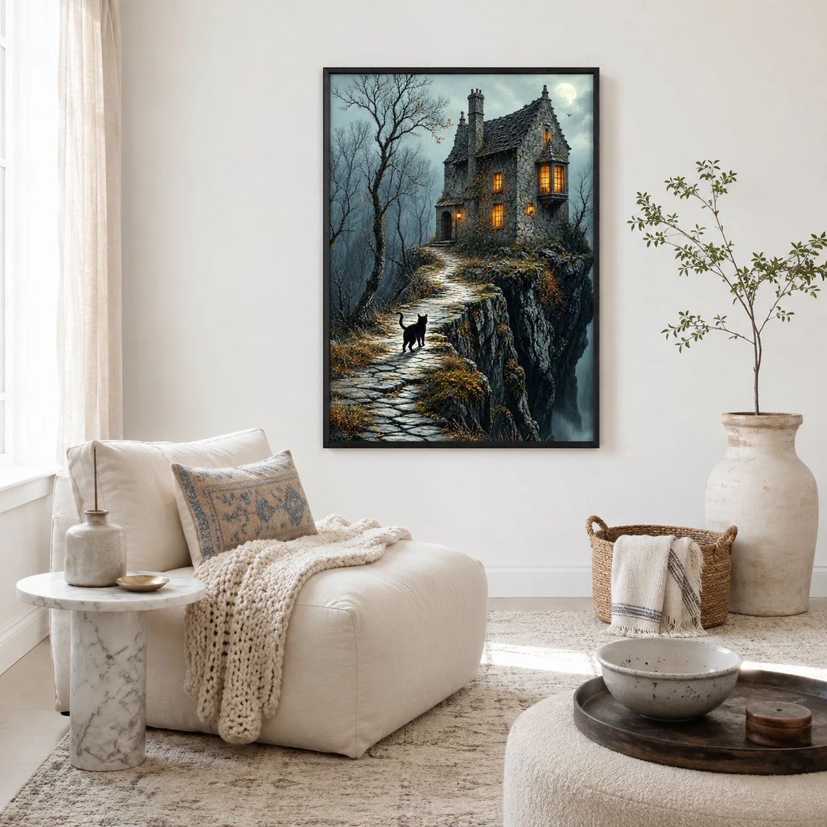 Gothic Black Cat Haunted House Dark Fantasy Canvas