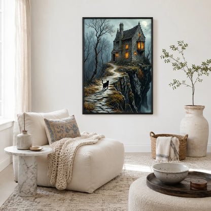 Gothic Black Cat Haunted House Dark Fantasy Canvas