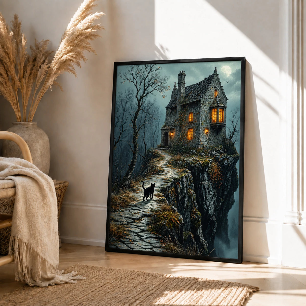 Gothic Black Cat Haunted House Dark Fantasy Canvas