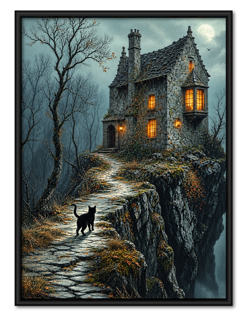 Gothic Black Cat Haunted House Dark Fantasy Canvas
