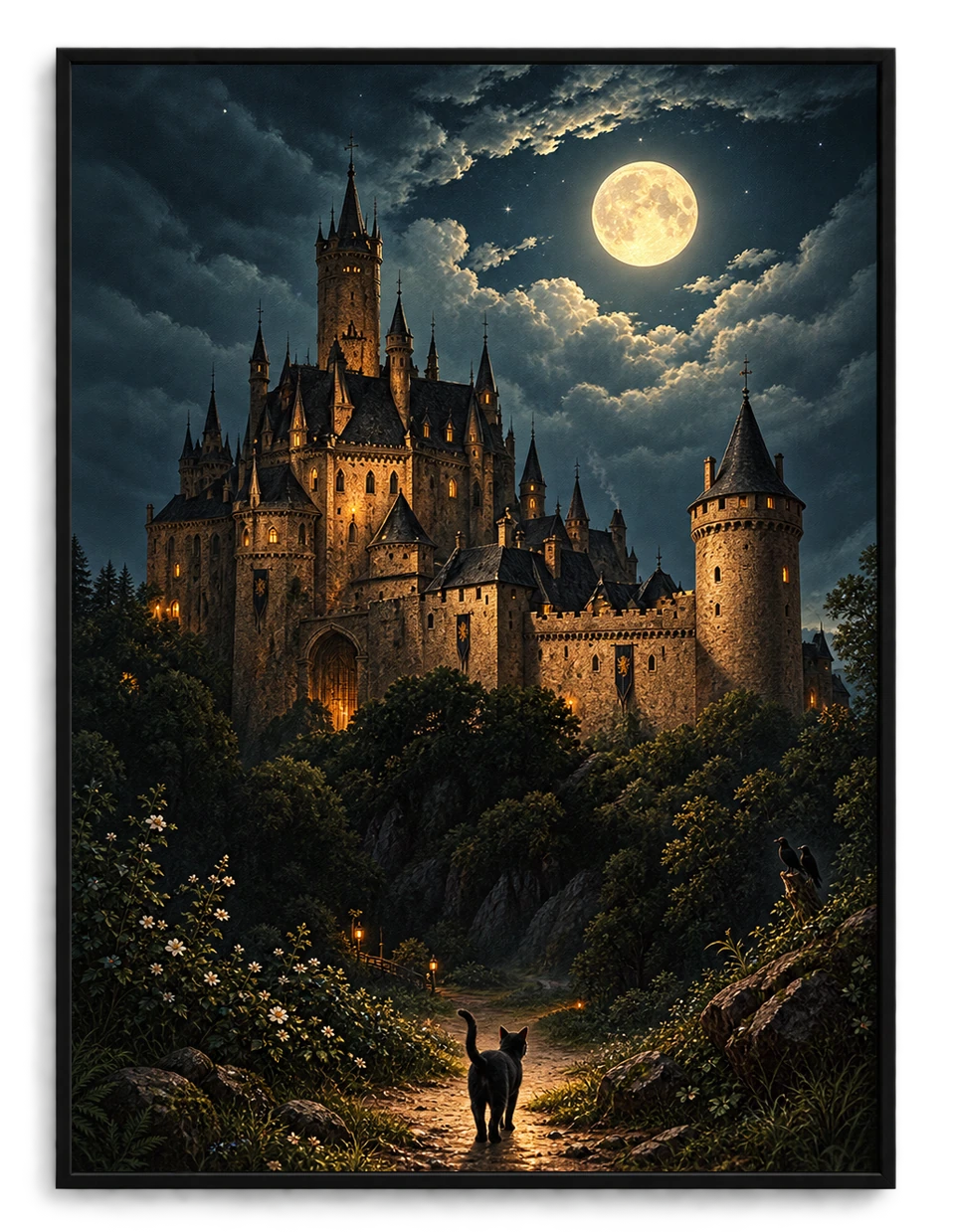 Gothic Castle Moonlit Night Black Cat Canvas Art