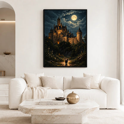 Gothic Castle Moonlit Night Black Cat Canvas Art