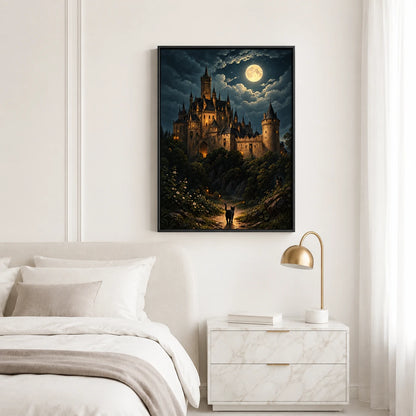 Gothic Castle Moonlit Night Black Cat Canvas Art
