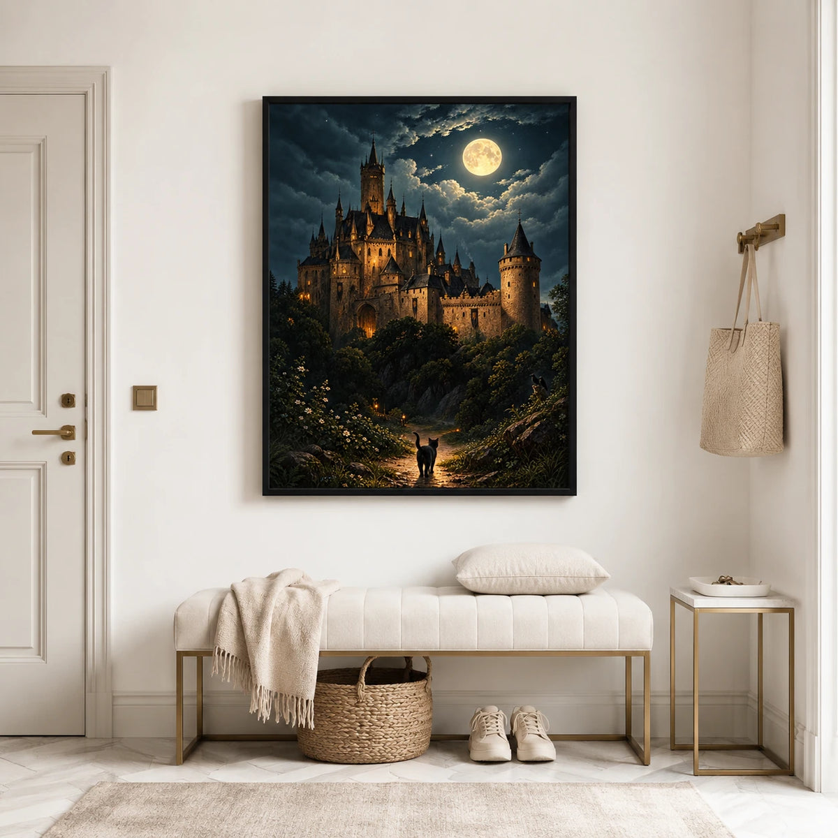 Gothic Castle Moonlit Night Black Cat Canvas Art
