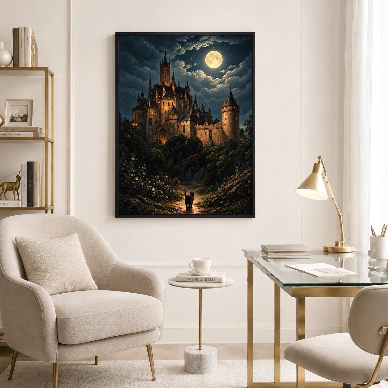 Gothic Castle Moonlit Night Black Cat Canvas Art