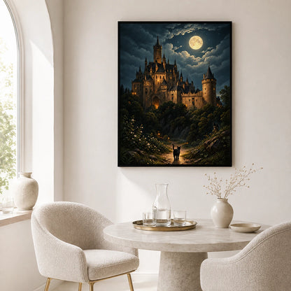 Gothic Castle Moonlit Night Black Cat Canvas Art