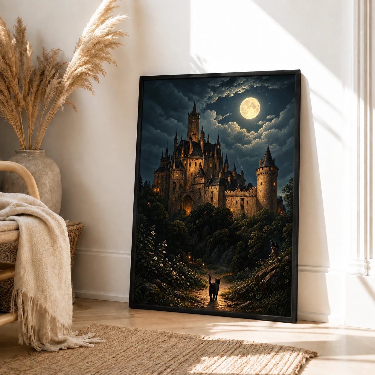 Gothic Castle Moonlit Night Black Cat Canvas Art