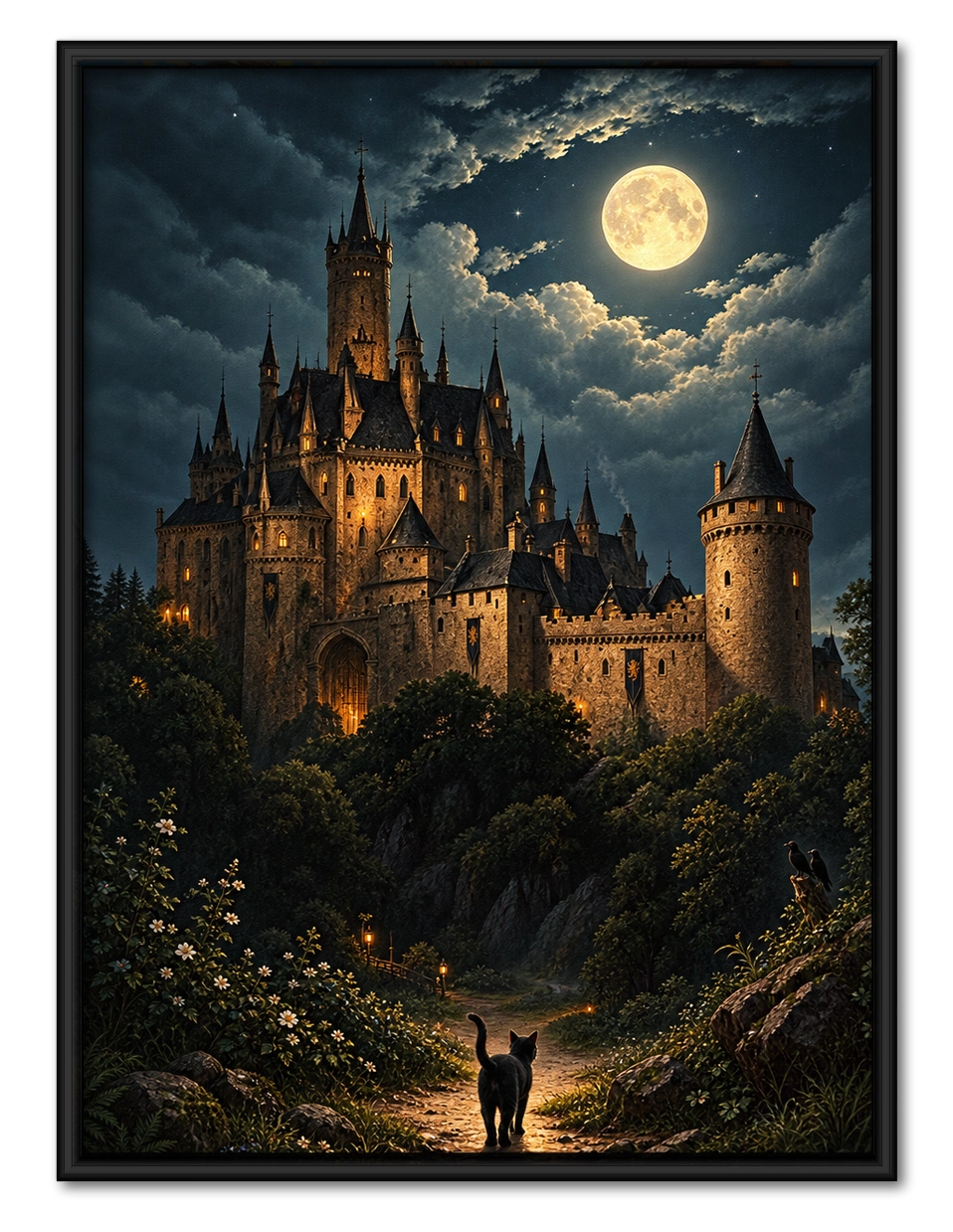 Gothic Castle Moonlit Night Black Cat Canvas Art
