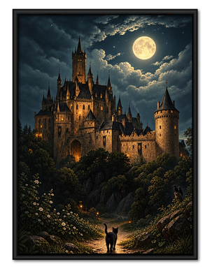Gothic Castle Moonlit Night Black Cat Canvas Art