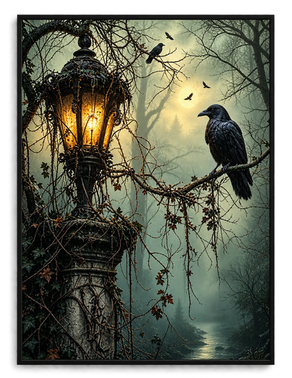 Gothic Raven Lantern Dark Forest Canvas Art