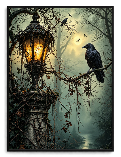 Gothic Raven Lantern Dark Forest Canvas Art