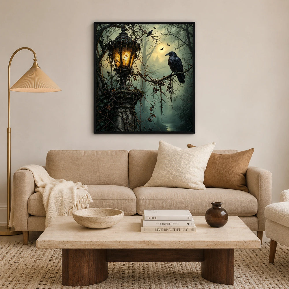 Gothic Raven Lantern Dark Forest Canvas Art