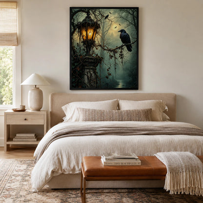 Gothic Raven Lantern Dark Forest Canvas Art