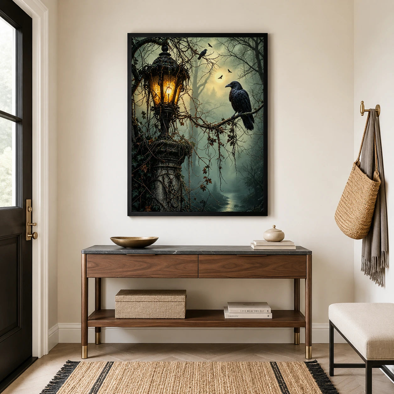 Gothic Raven Lantern Dark Forest Canvas Art