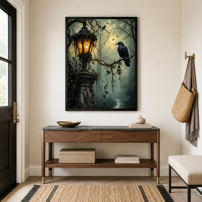 Gothic Raven Lantern Dark Forest Canvas Art