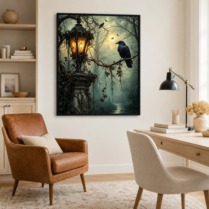 Gothic Raven Lantern Dark Forest Canvas Art