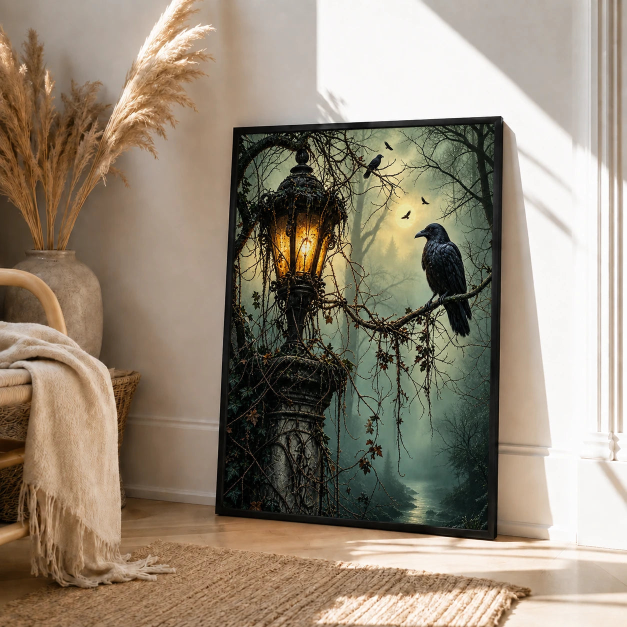 Gothic Raven Lantern Dark Forest Canvas Art