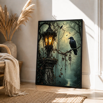 Gothic Raven Lantern Dark Forest Canvas Art