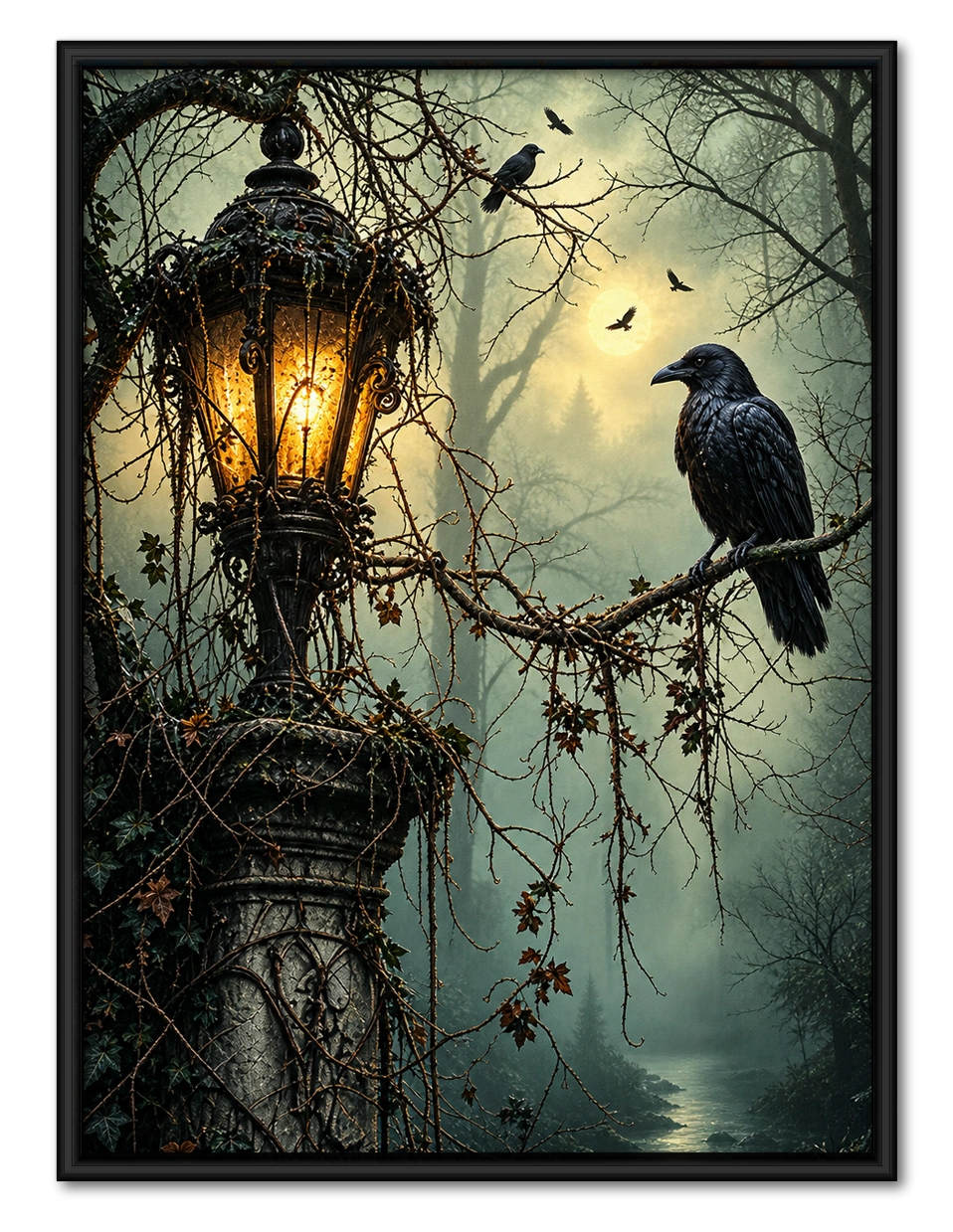Gothic Raven Lantern Dark Forest Canvas Art